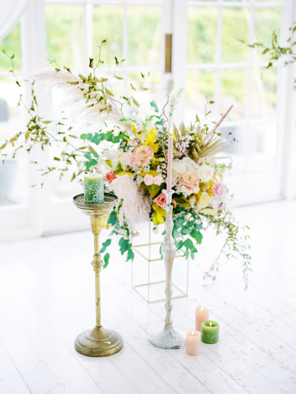 Flower Installation Aisle Ceremony Tall Candles Blue Wedding Dress Into The Light