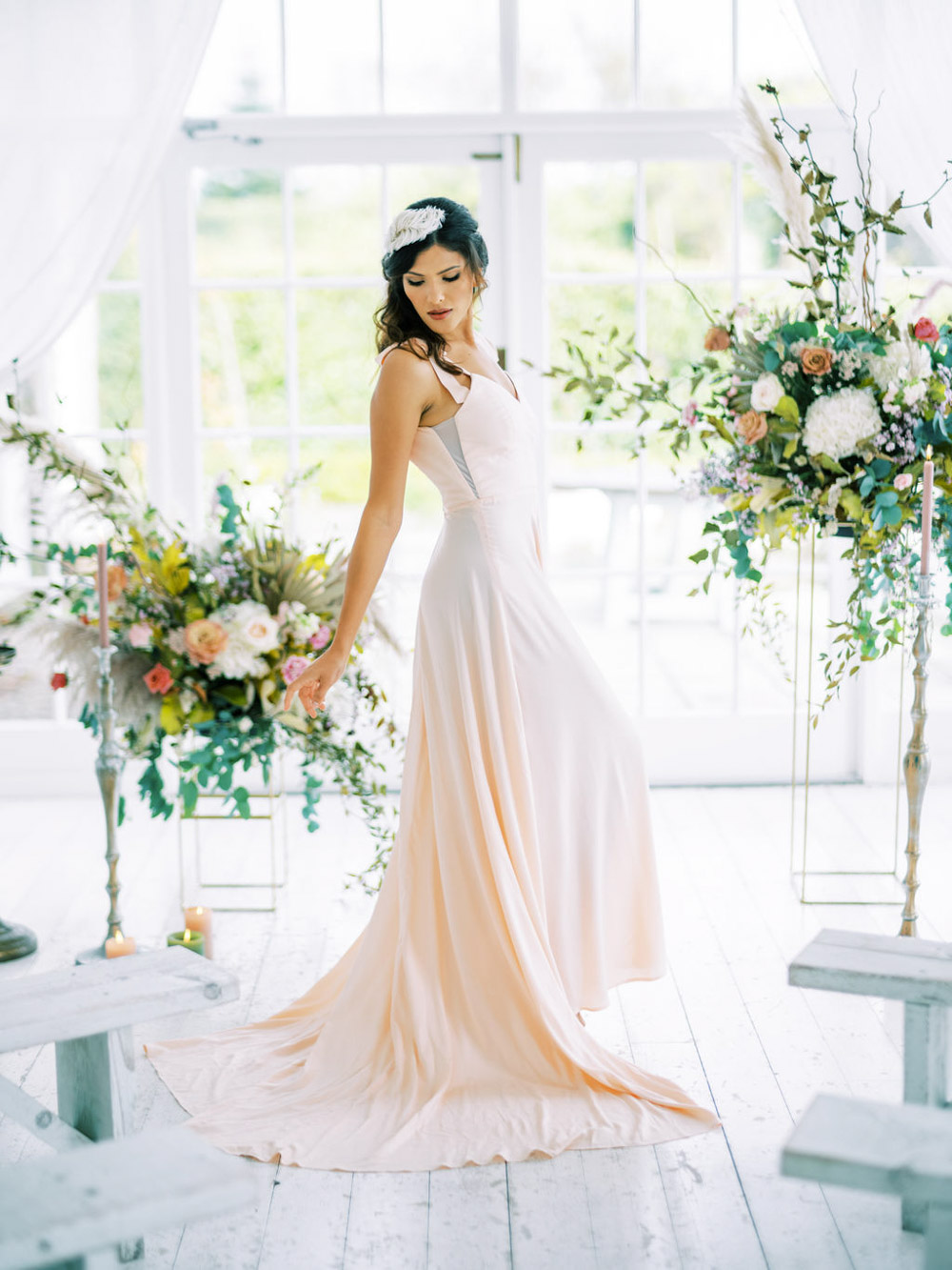 Flower Installation Aisle Ceremony Tall Candles Wedding Dress Into The Light