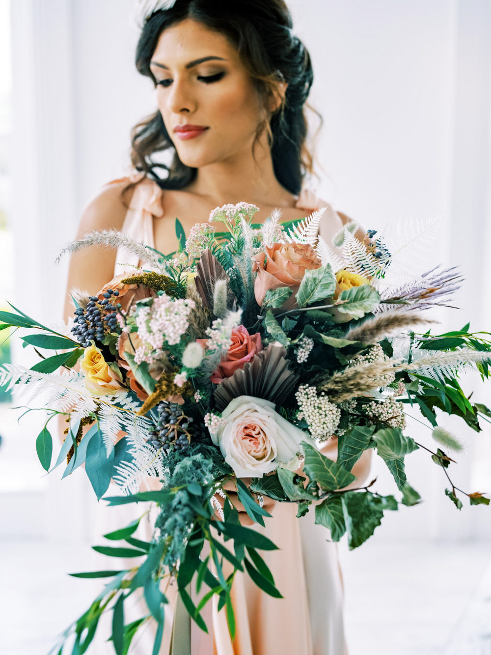 Bouquet Flowers Bride Bridal Greenery Wild Blue Wedding Dress Into The Light