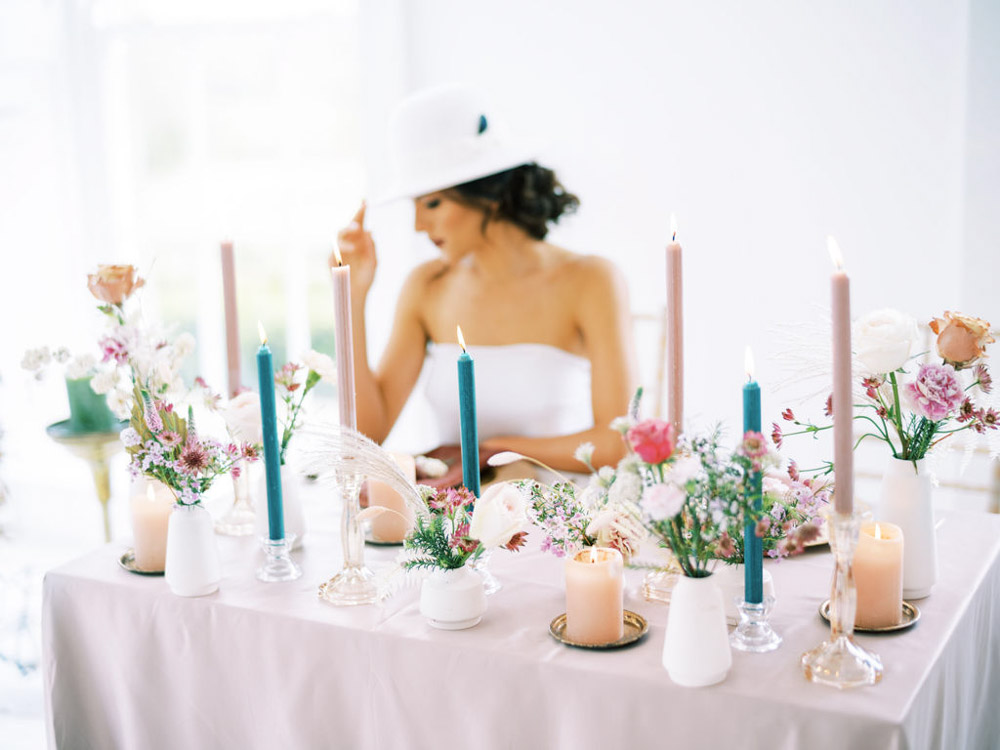 Table Tablescape Decor Candles Flowers Pink Blue Wedding Dress Into The Light