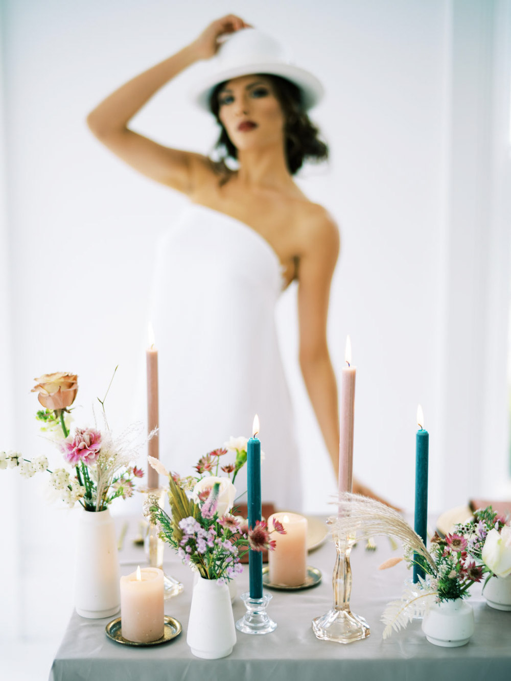 Table Tablescape Decor Candles Flowers Pink Blue Wedding Dress Into The Light