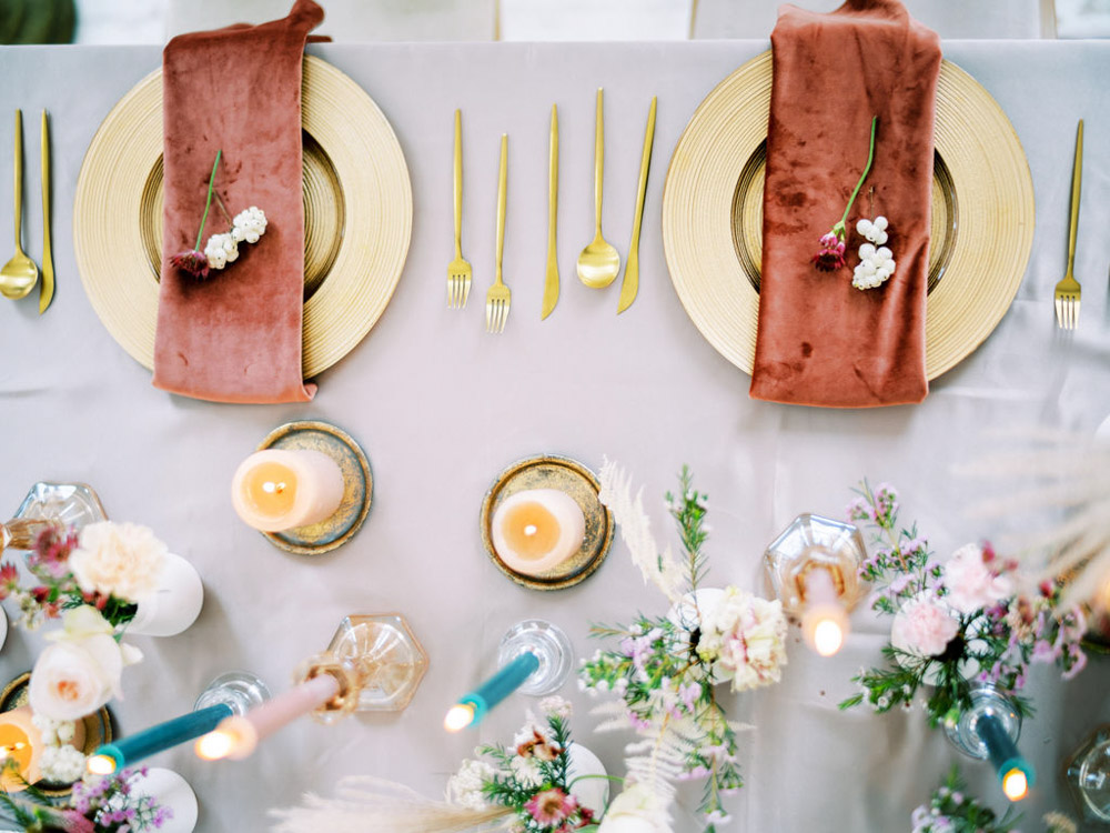 Table Tablescape Decor Candles Flowers Pink Blue Wedding Dress Into The Light
