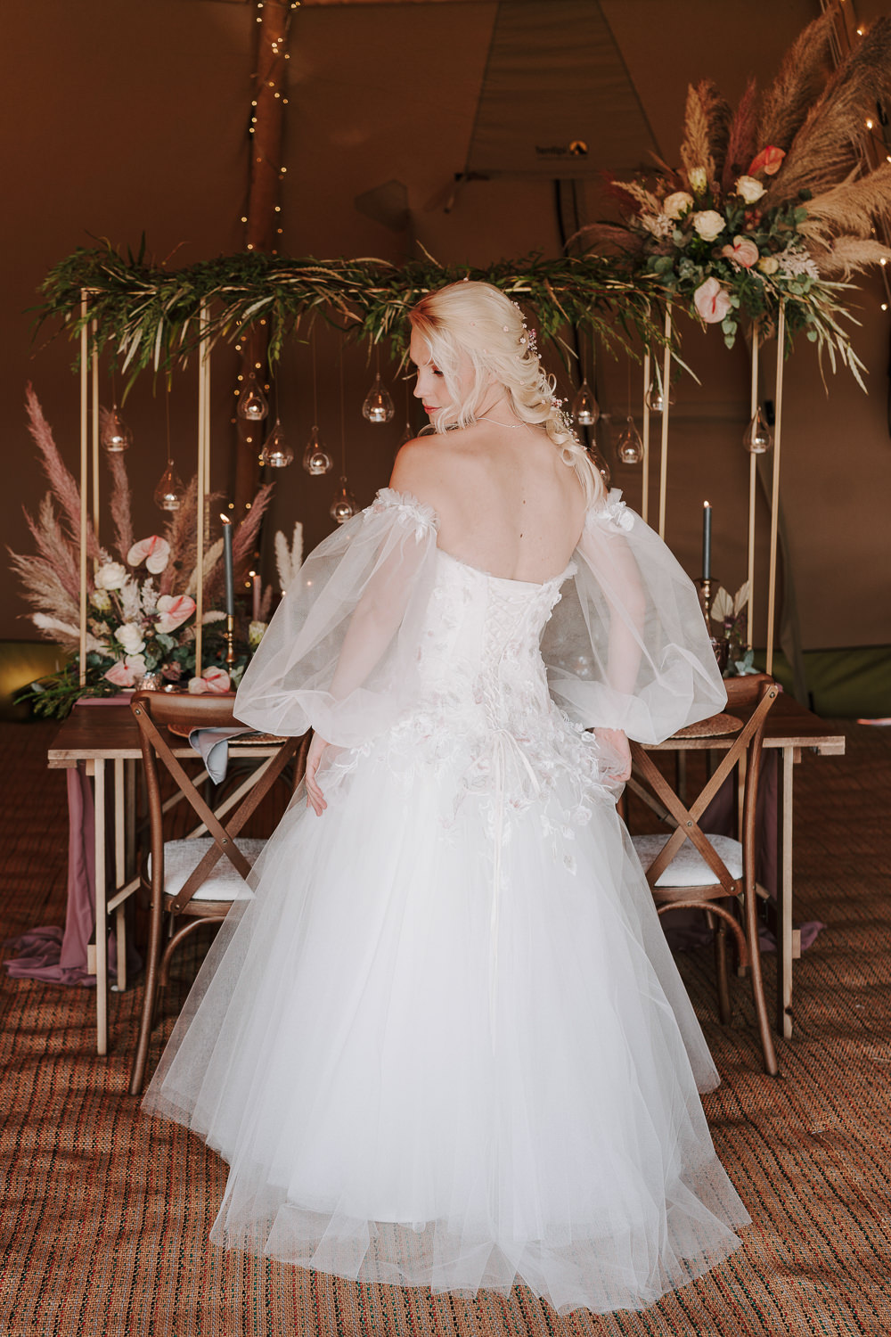 Dress Gown Bride Bridal Long Sleeves Tulle BohoBotanical Tipi Wedding Georgi Mabee