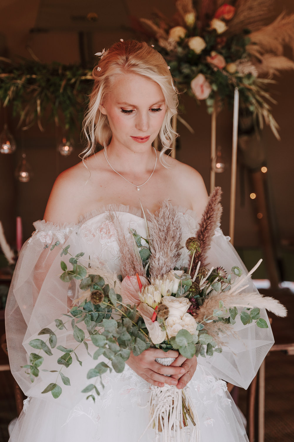 Bouquet Flowers Bride Bridal Pampas Grass Rose Greenery Botanical Tipi Wedding Georgi Mabee