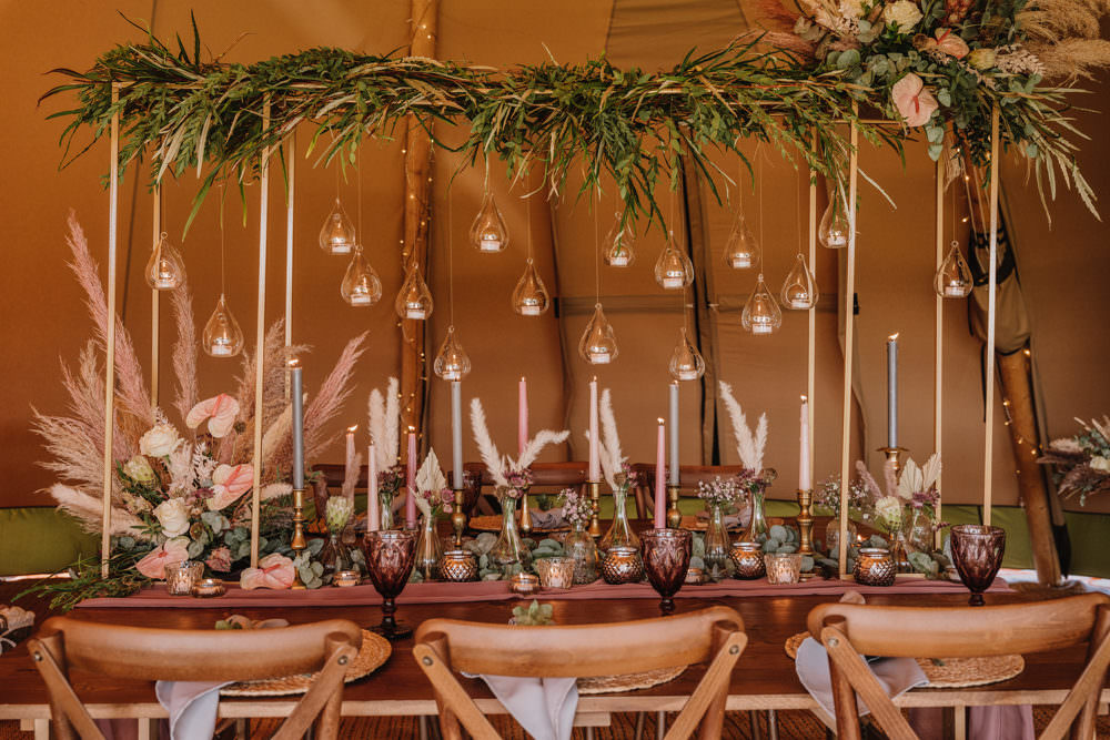 Long Table Decor High Candles Greenery Flowers Tall Frame Botanical Tipi Wedding Georgi Mabee