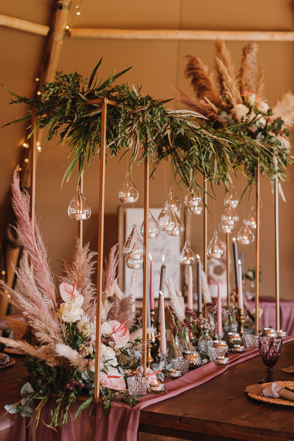 Long Table Decor High Candles Greenery Flowers Tall Frame Botanical Tipi Wedding Georgi Mabee