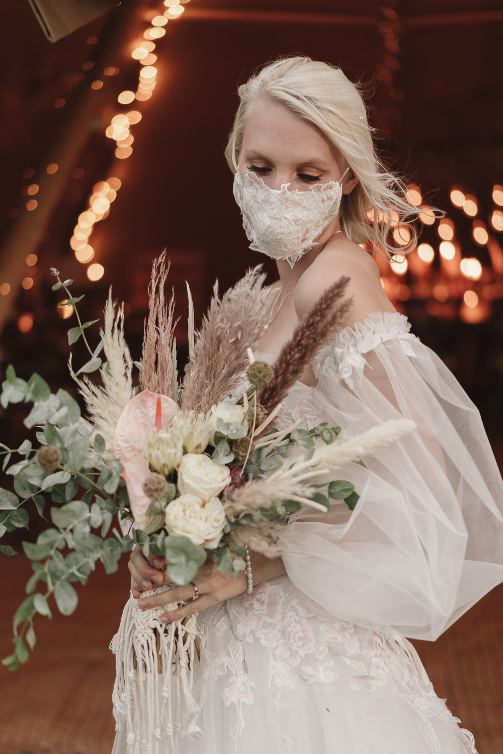 Bouquet Flowers Bride Bridal Pampas Grass Rose Greenery Face Mask Botanical Tipi Wedding Georgi Mabee