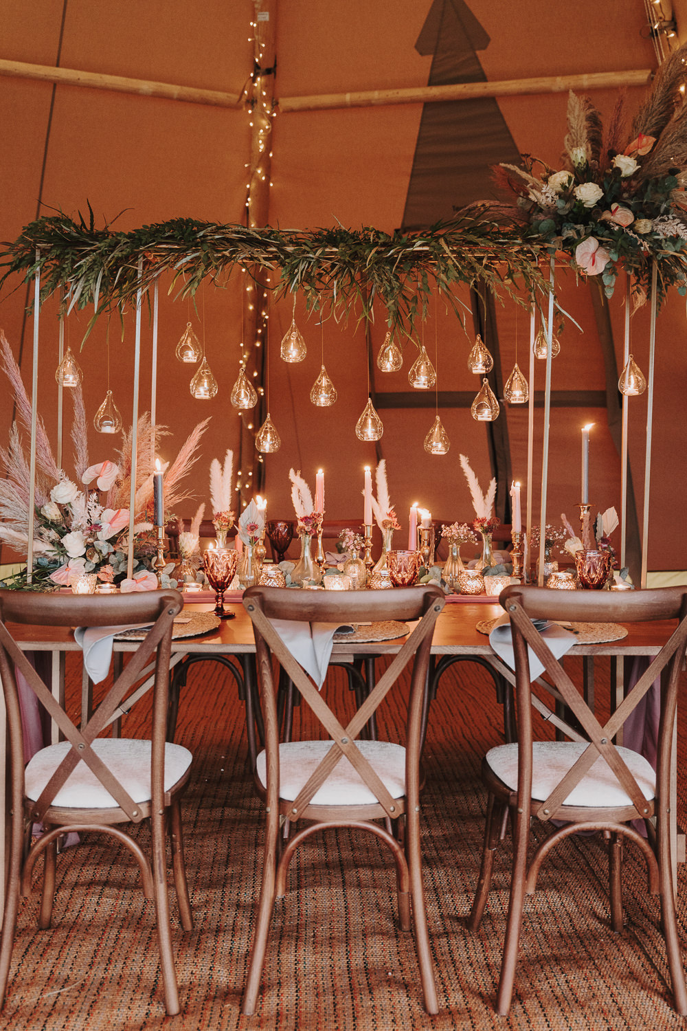 Long Table Decor High Candles Greenery Flowers Tall Frame Botanical Tipi Wedding Georgi Mabee