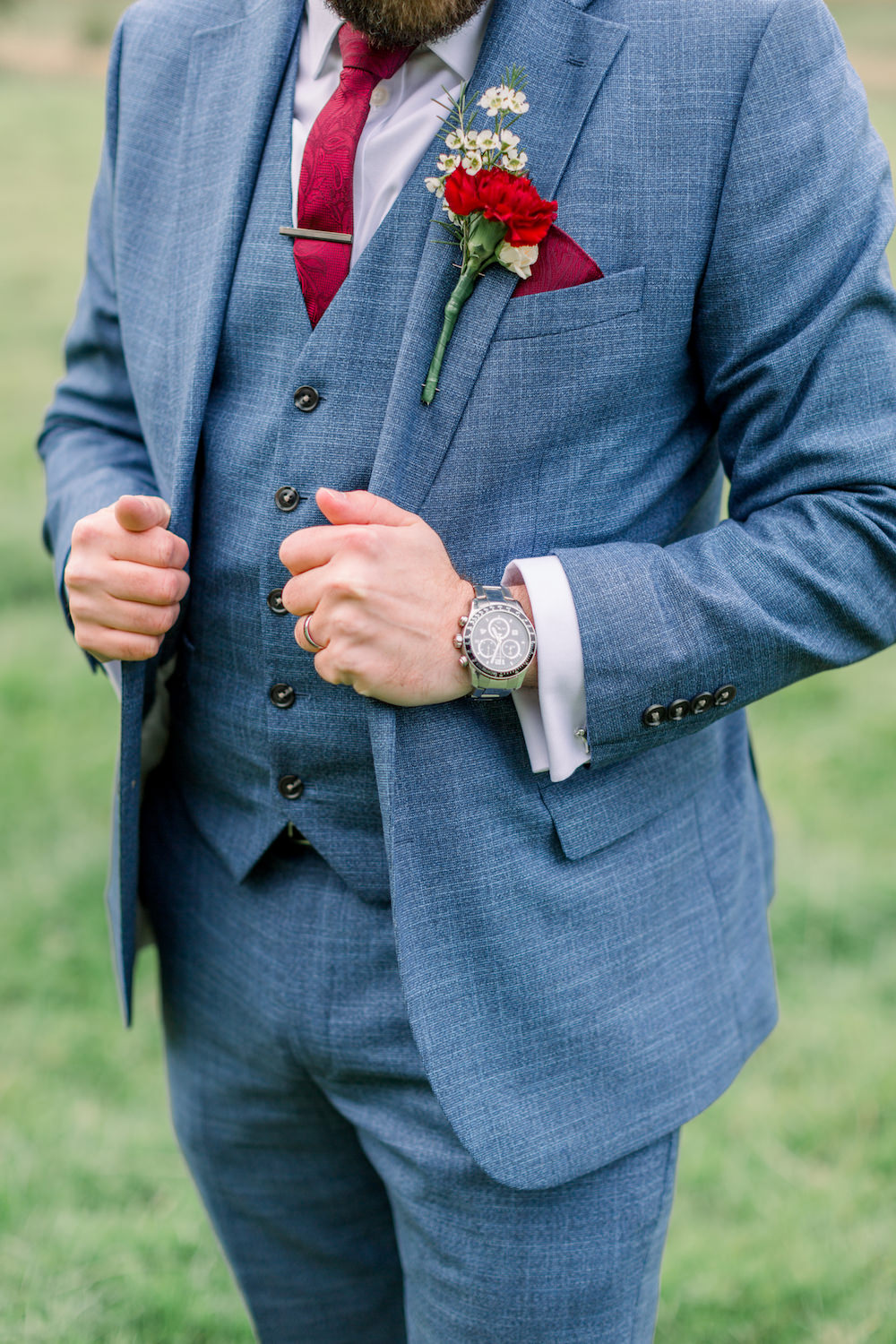 Groom Suit Blue Red Tie Church Wedding Reception Hannah K Photography