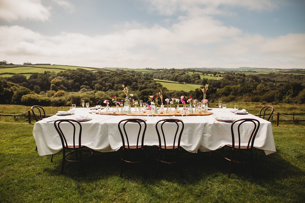 Outdoor Table Tablescape Small Micro Flowers Bottles Decor Country Ways Wedding Holly Collings Photography