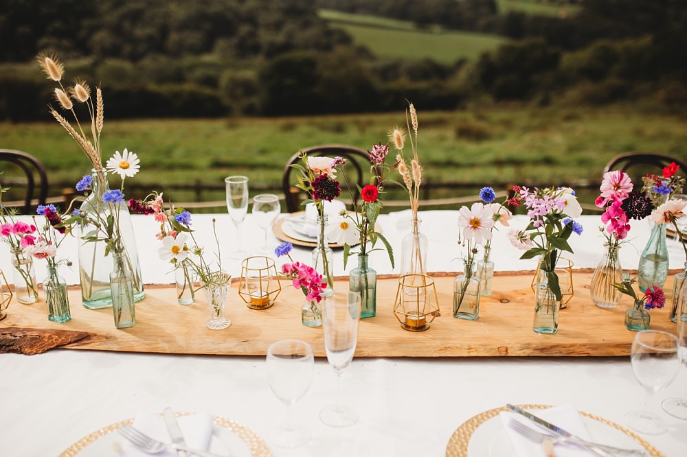 Outdoor Table Tablescape Small Micro Flowers Bottles Decor Country Ways Wedding Holly Collings Photography
