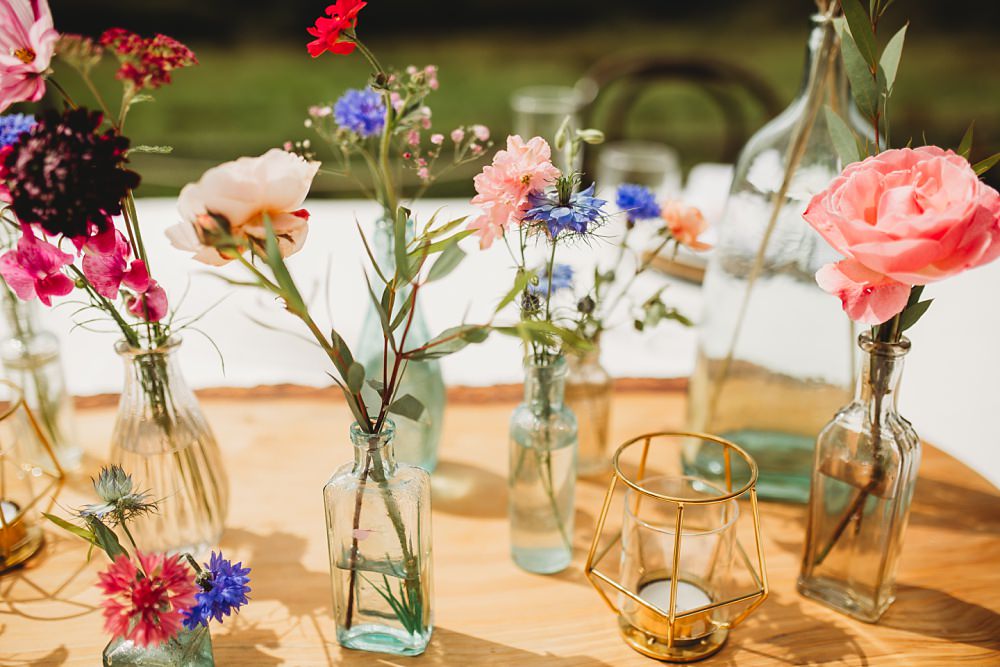 Outdoor Table Tablescape Small Micro Flowers Bottles Decor Country Ways Wedding Holly Collings Photography