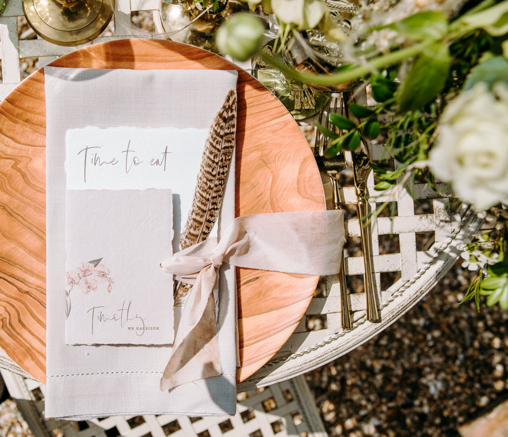 Place Setting Decor Menu Feather Countryside Elopement Chloe Martin Photo