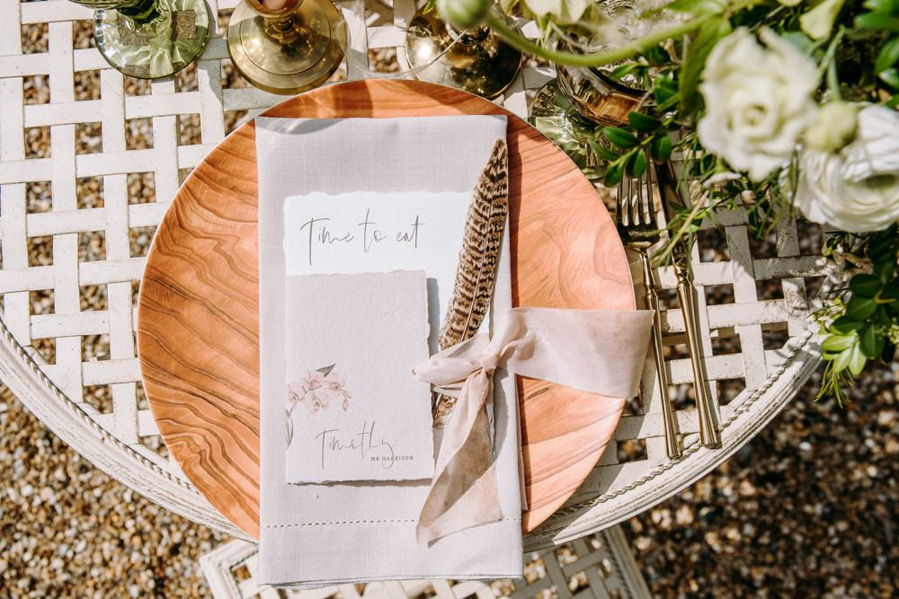 Place Setting Decor Menu Feather Countryside Elopement Chloe Martin Photo
