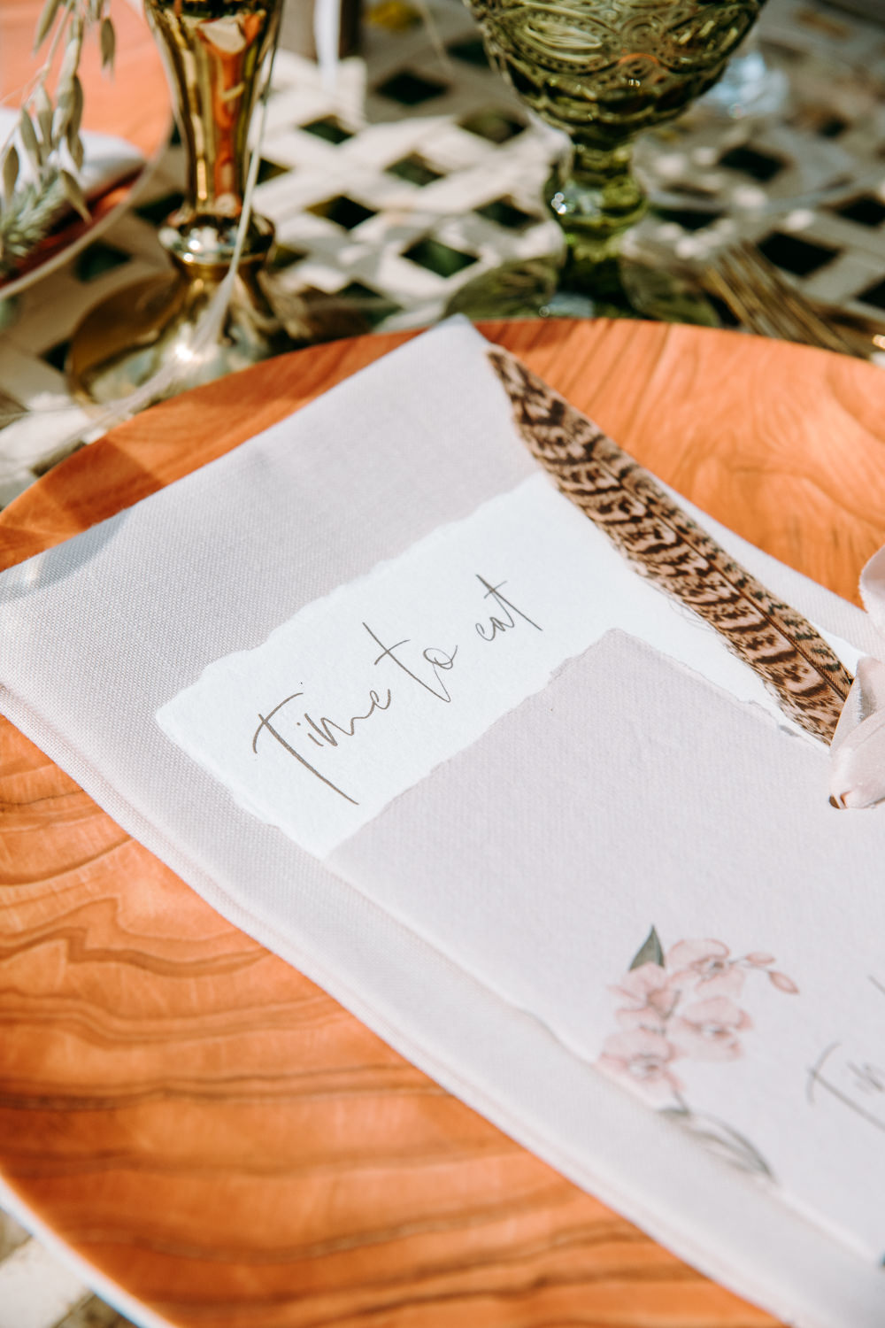 Place Setting Decor Menu Feather Countryside Elopement Chloe Martin Photo