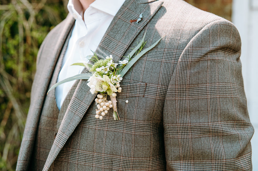 Groom Check Suit Buttonhole Flowers Countryside Elopement Chloe Martin Photo