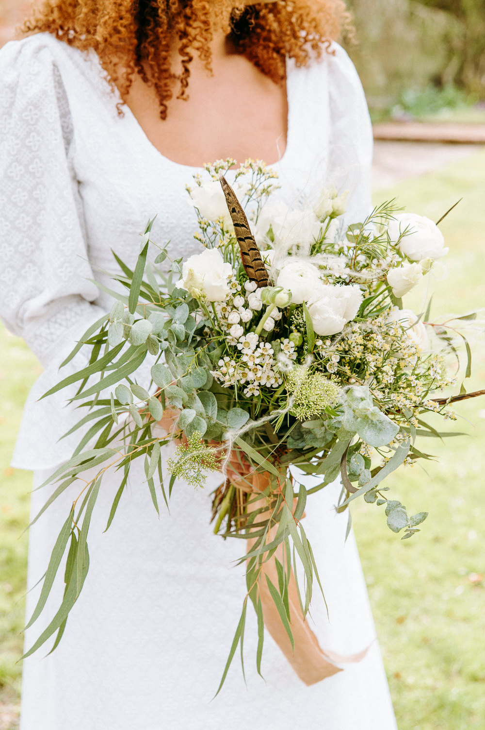 Bouquet Flowers Bride Bridal Greenery Feather Countryside Elopement Chloe Martin Photo