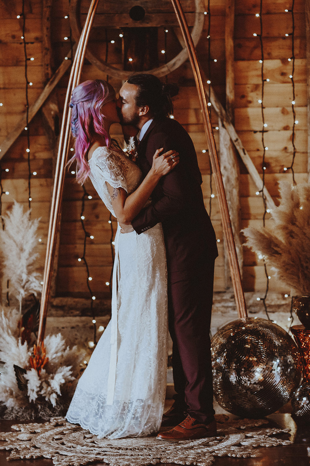 Ceremony Backdro Flowers Pampas Grass Disco Ball Dark Bohemian Wedding YTZ Weddings