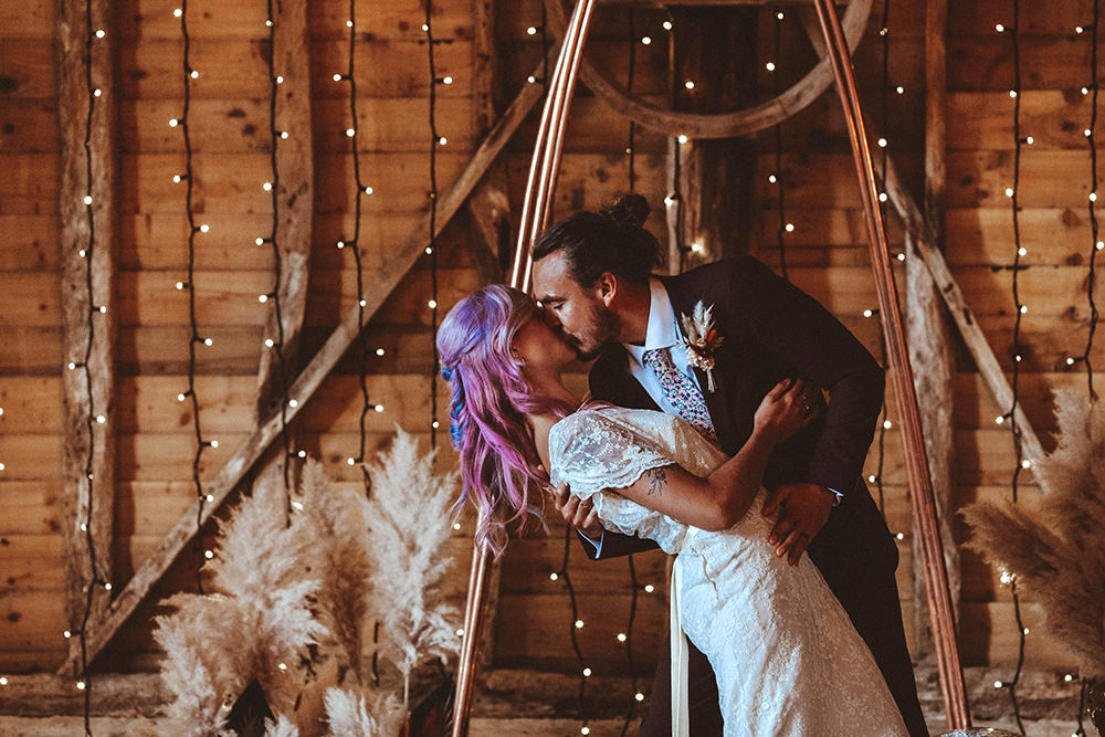 Ceremony Backdro Flowers Pampas Grass Disco Ball Dark Bohemian Wedding YTZ Weddings