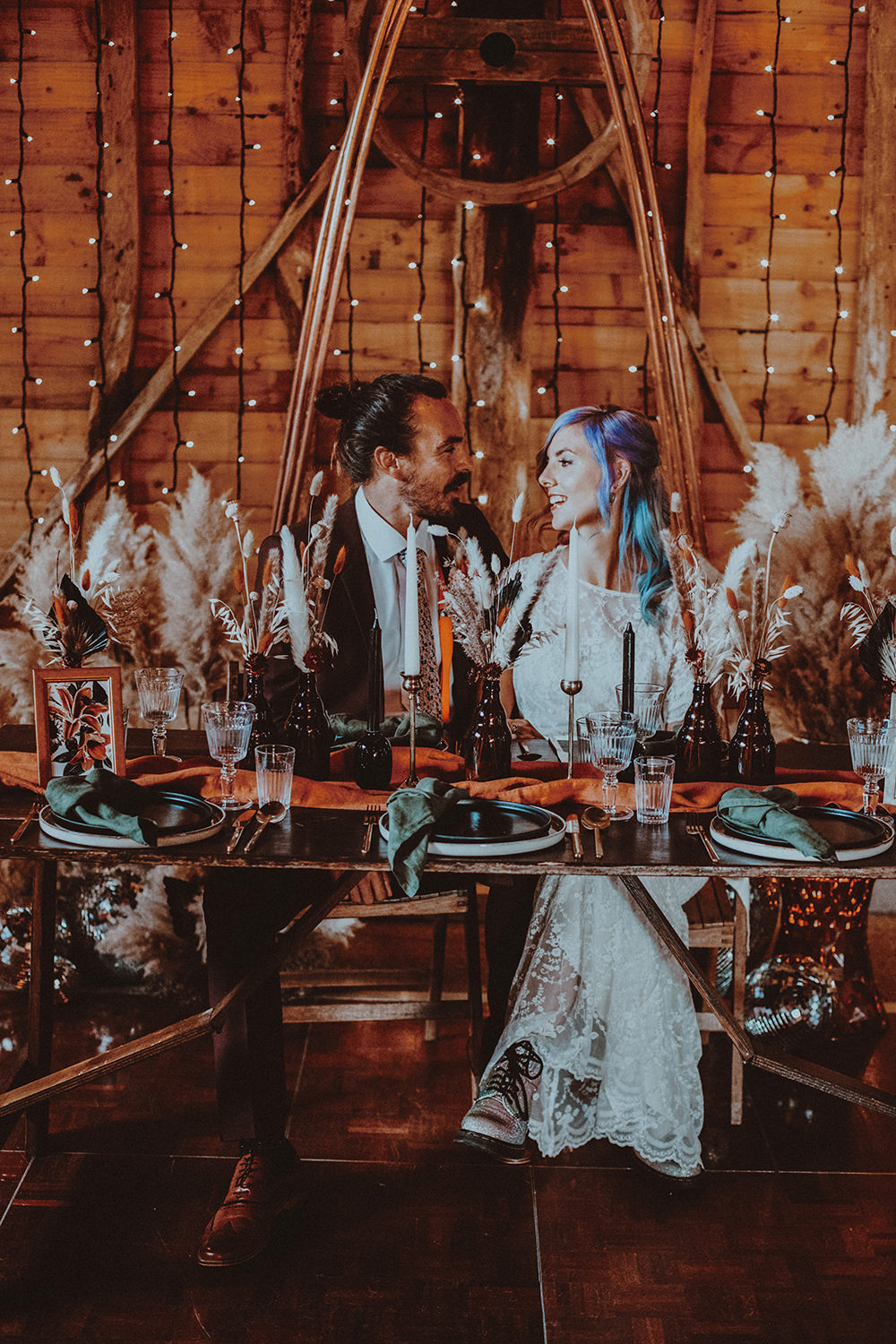 Table Tablescape Decor Candles Pampas Grass Black Dark Bohemian Wedding YTZ Weddings