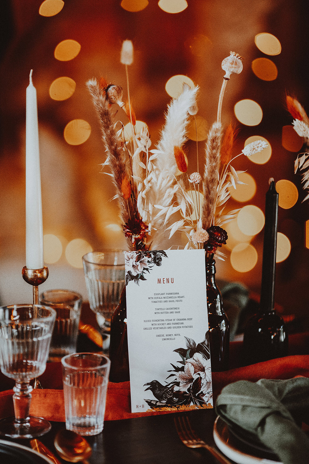 Table Tablescape Decor Candles Pampas Grass Black Menu Dark Bohemian Wedding YTZ Weddings