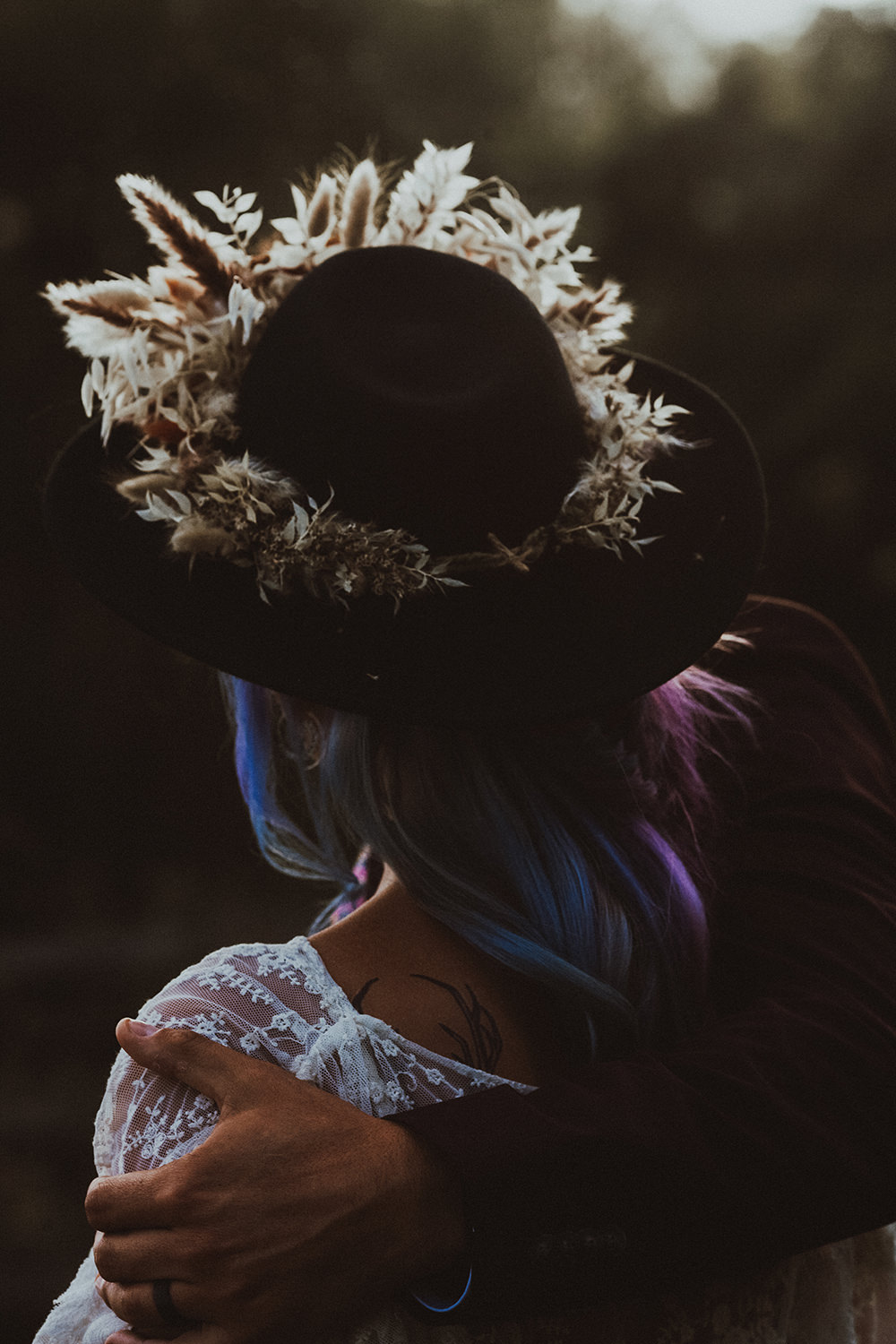 Hat Flower Crown Dark Bohemian Wedding YTZ Weddings