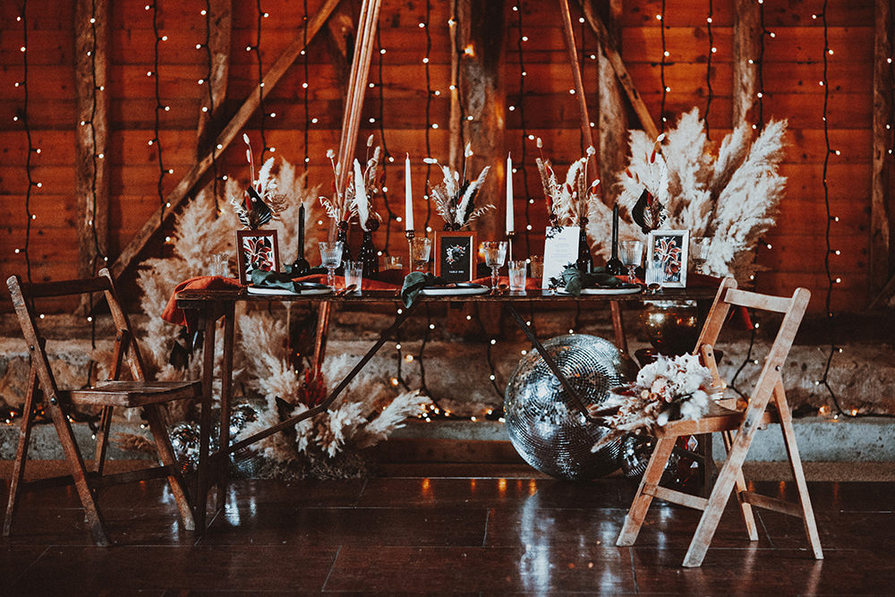 Table Tablescape Decor Candles Pampas Grass Black Dark Bohemian Wedding YTZ Weddings