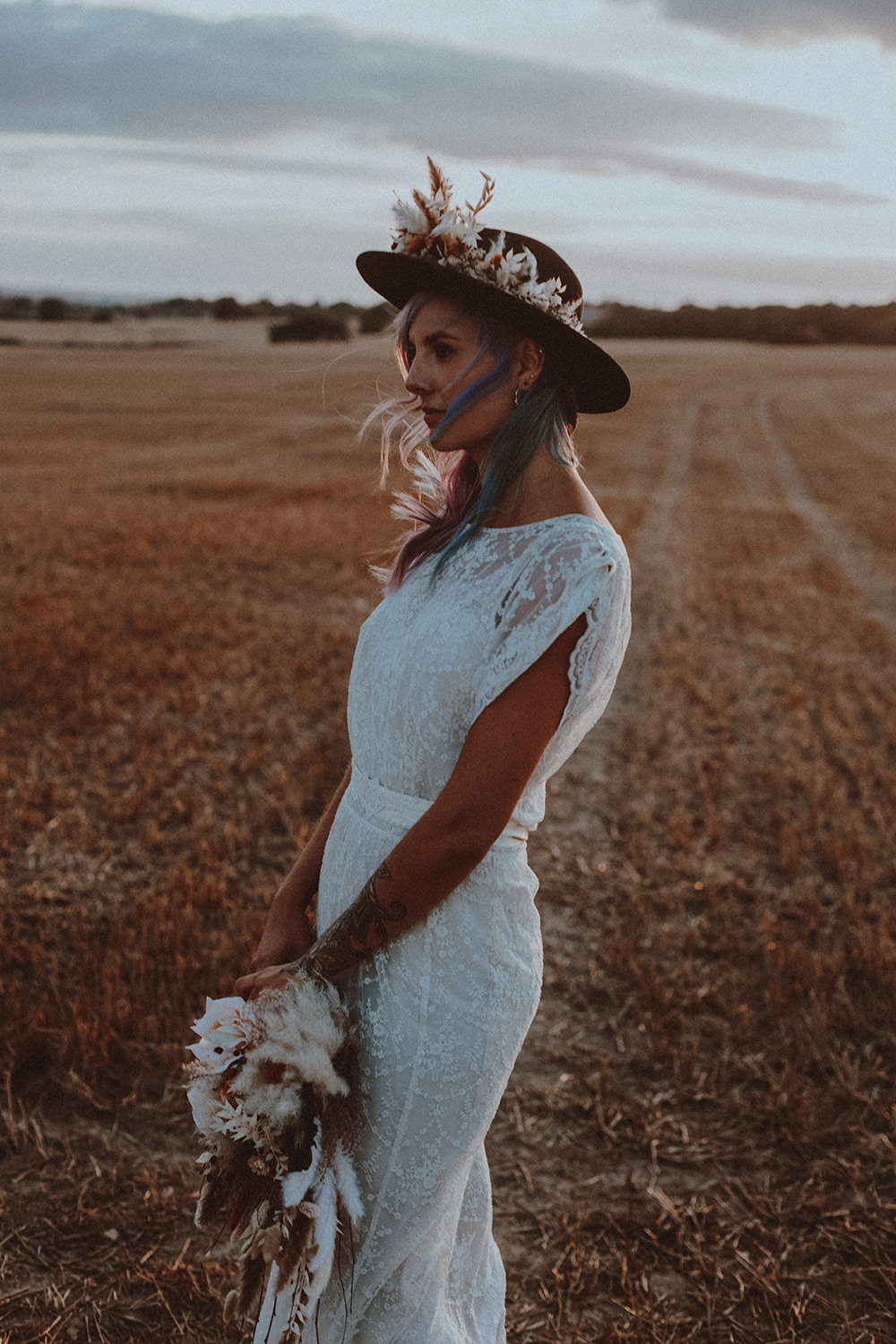 Dress Gown Bride Bridal Lace Hat Flowers Dark Bohemian Wedding YTZ Weddings