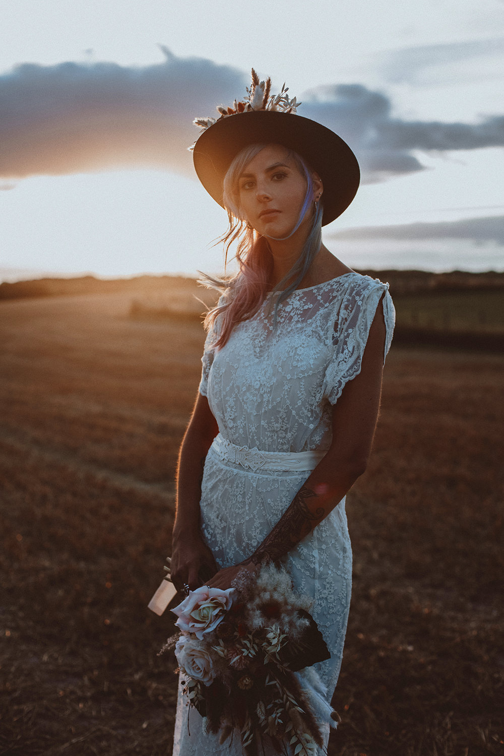 Dress Gown Bride Bridal Lace Hat Flowers Dark Bohemian Wedding YTZ Weddings