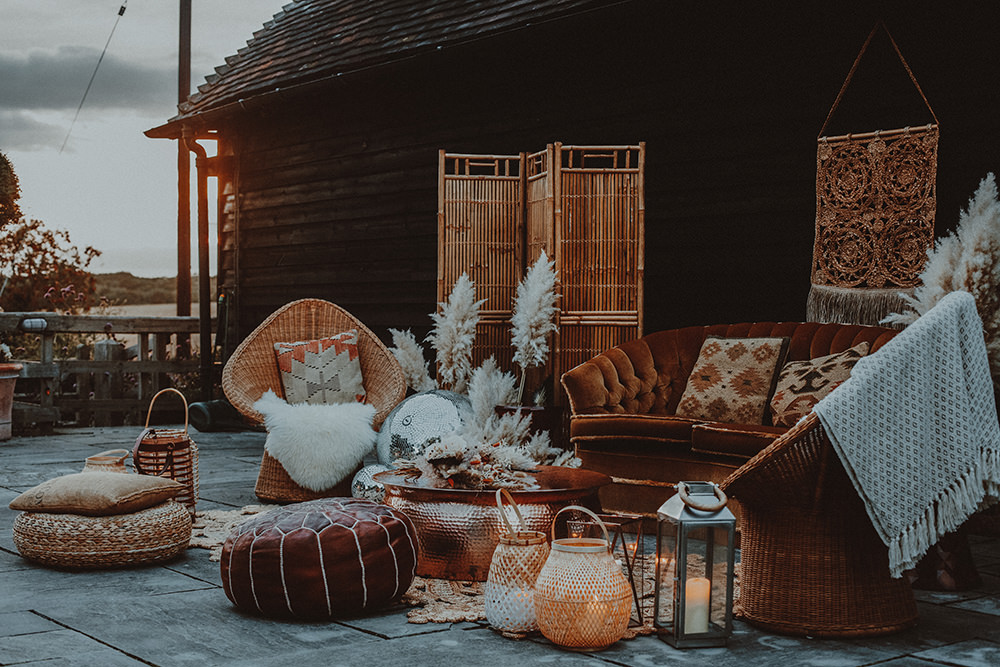 Seating Area Outdoor Decor Dark Bohemian Wedding YTZ Weddings