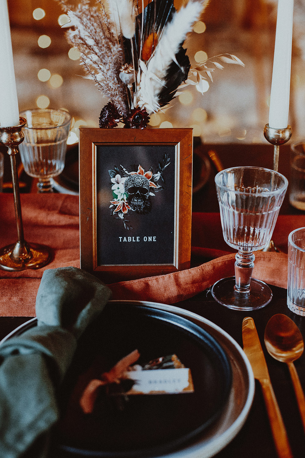 Table Tablescape Decor Candles Pampas Grass Black Table Name Dark Bohemian Wedding YTZ Weddings