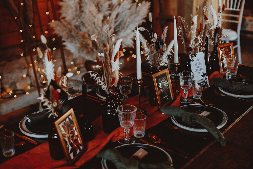 Table Tablescape Decor Candles Pampas Grass Black Dark Bohemian Wedding YTZ Weddings