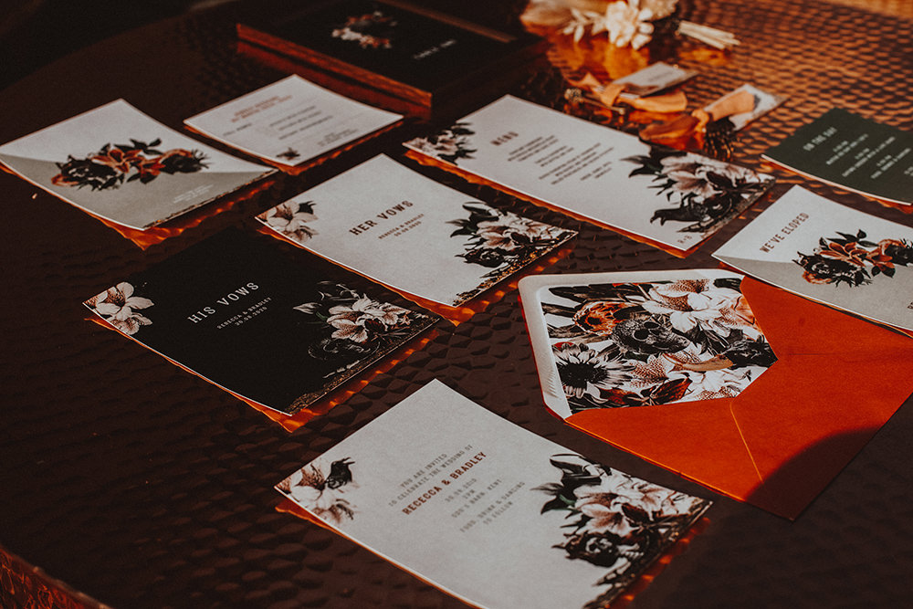 Stationery Invite Invitation Black Floral Red Dark Bohemian Wedding YTZ Weddings