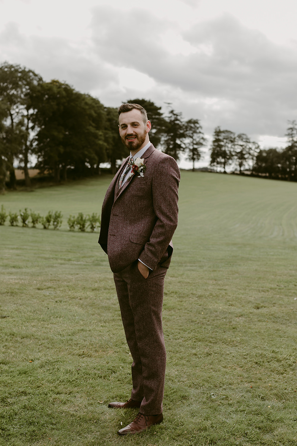 Groom Suit Burgundy Wool Floral Tie Darver Castle Wedding Adam and Grace