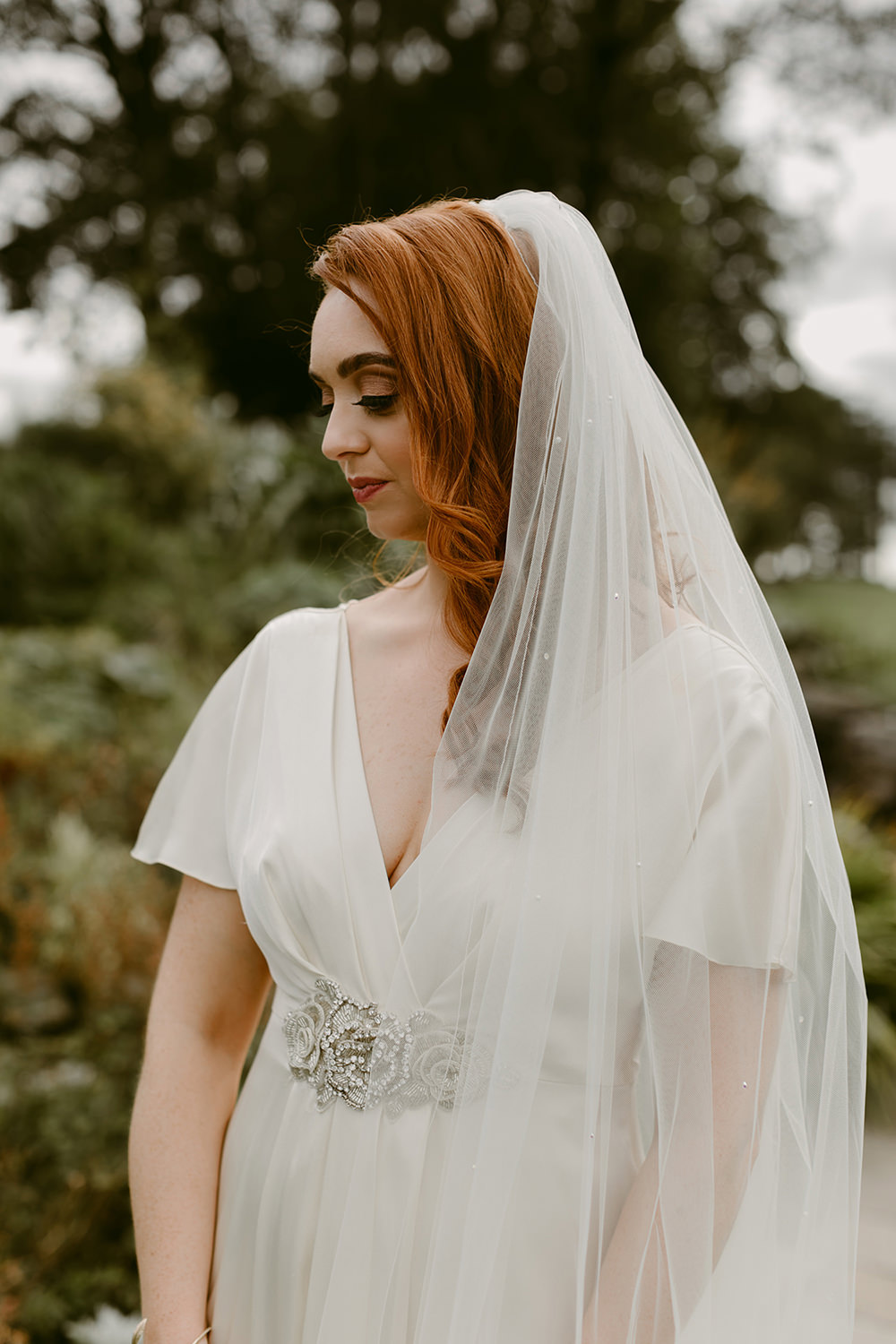 Dress Gown Bride Bridal Sleeves Veil Temperley Darver Castle Wedding Adam and Grace