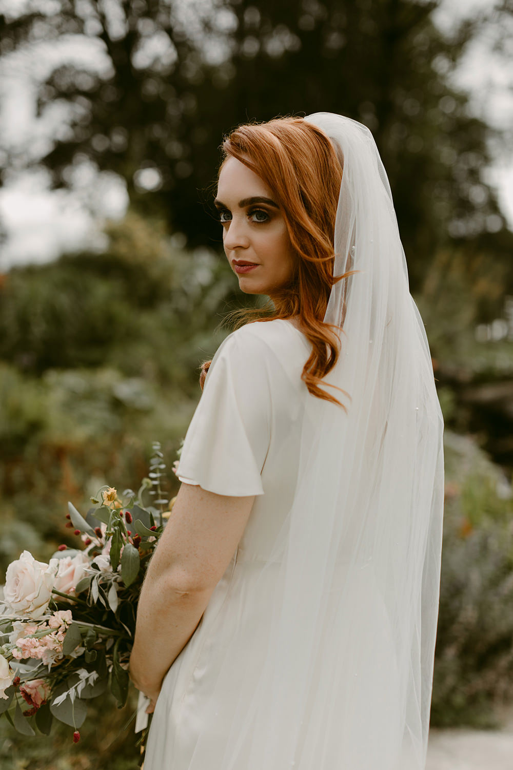 Dress Gown Bride Bridal Sleeves Veil Temperley Darver Castle Wedding Adam and Grace