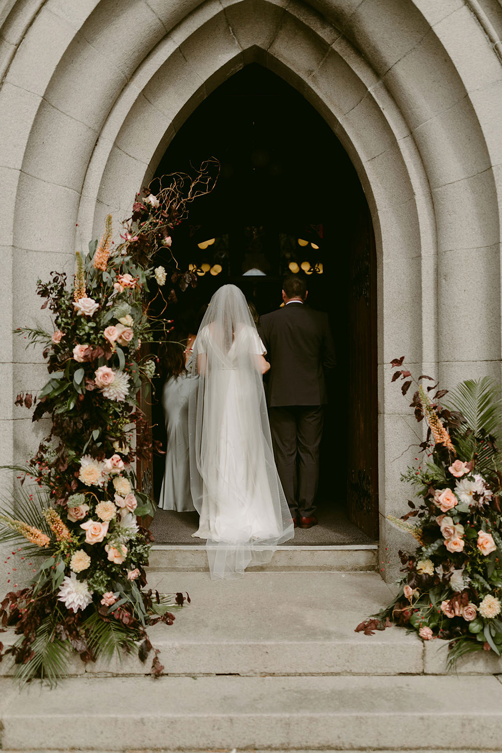 Flower Arch Installation Church Door Entrance Pink Rose Greenery Darver Castle Wedding Adam and Grace
