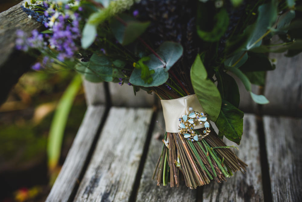 Bouquet Flowers Bride Bridal Purple Greenery Brooch Garden Micro Wedding Emma Hillier Photography
