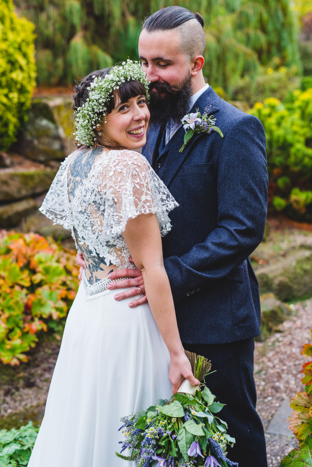 Garden Micro Wedding Emma Hillier Photography Bride Bridal Dress Gown Flutter Sleeves Flower Crown