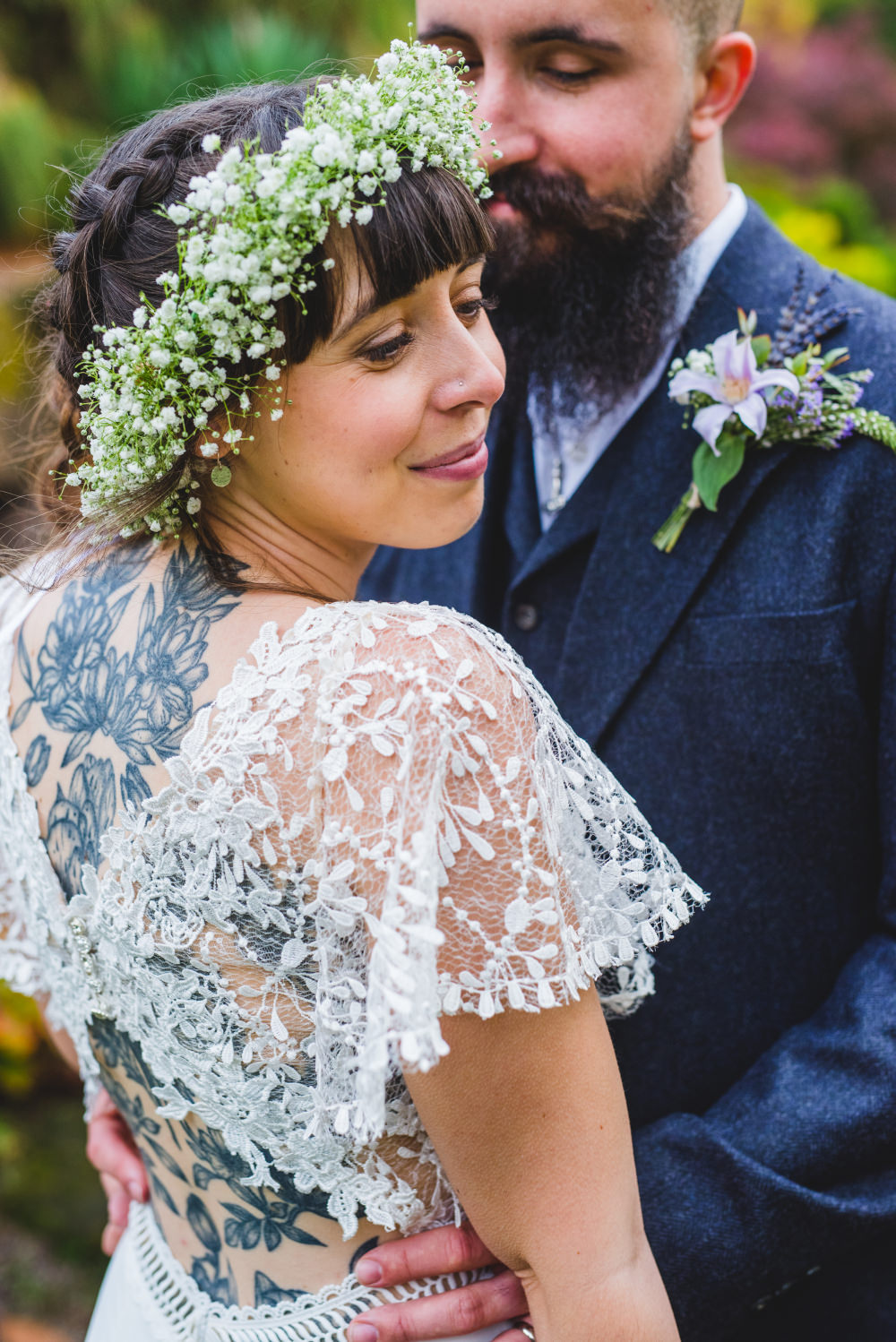 Bride Bridal Dress Gown Flutter Sleeves Flower Crown Garden Micro Wedding Emma Hillier Photography