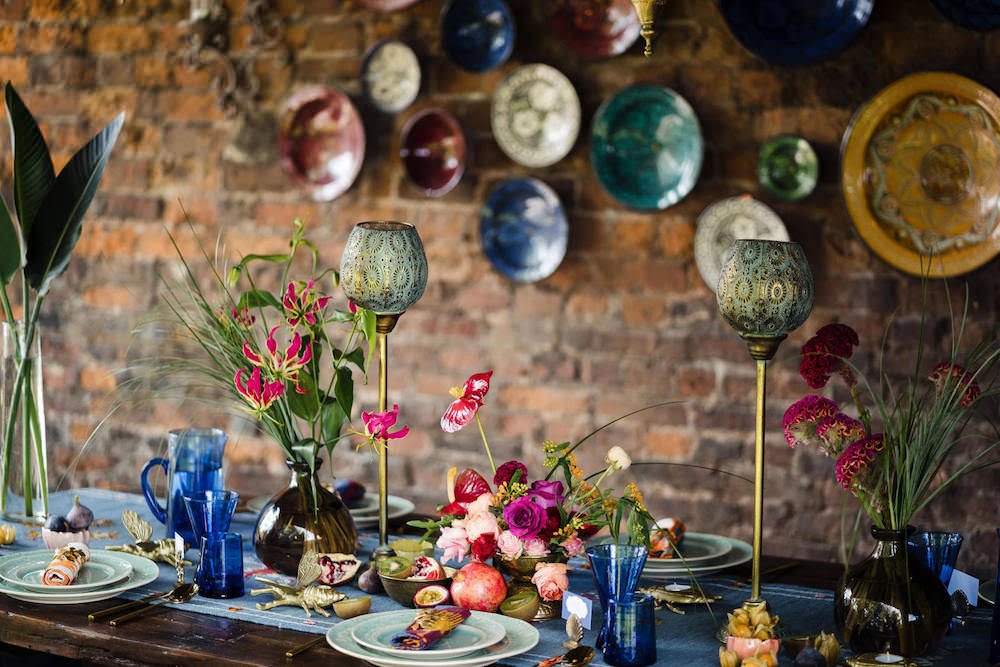 Table Tablescape Decor Candles Blue Runner Flowers Jewel Tone Wedding Ideas Laura May Photography