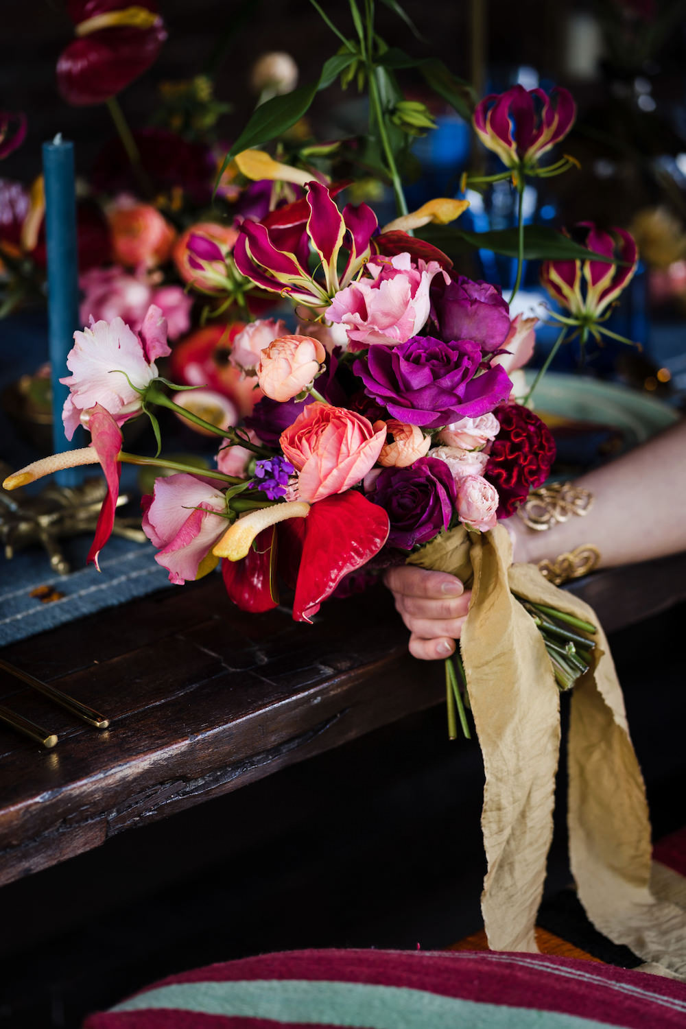 Bouquet Flowers Bride Bridal Rose Pink Red Jewel Tone Wedding Ideas Laura May Photography