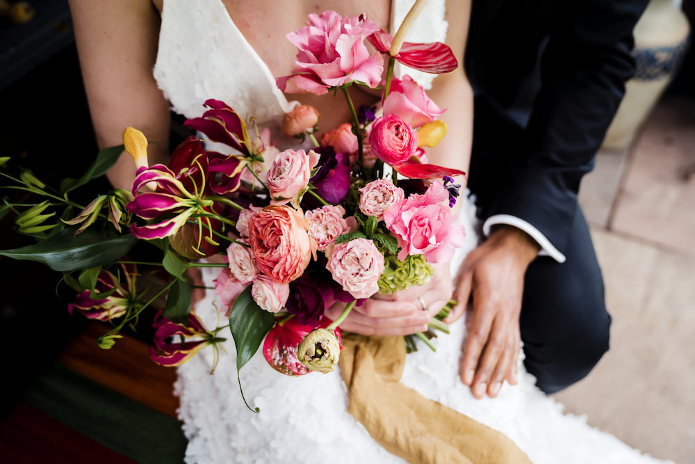 Bouquet Flowers Bride Bridal Rose Pink Red Jewel Tone Wedding Ideas Laura May Photography