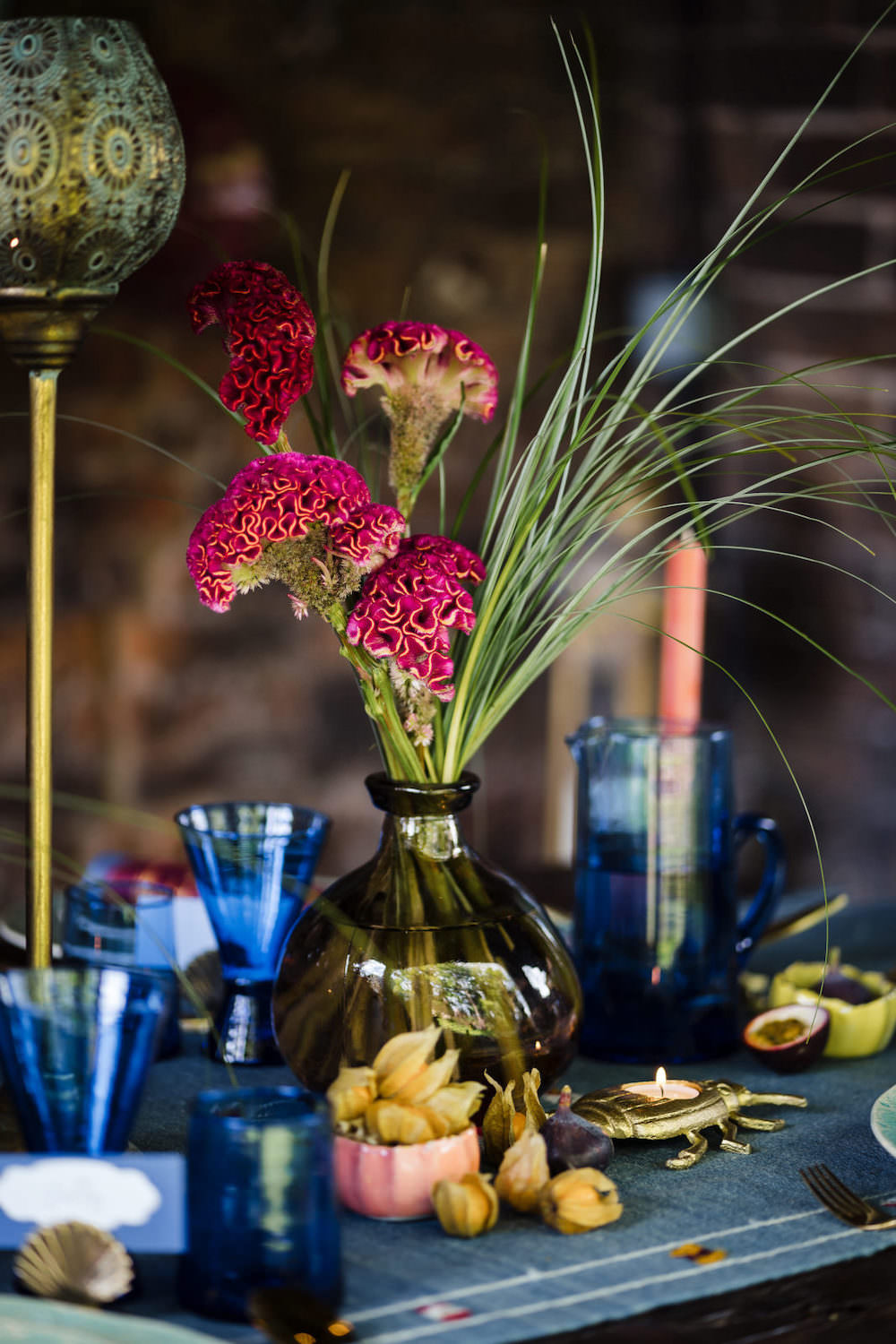 Table Tablescape Decor Candles Blue Runner Flowers Jewel Tone Wedding Ideas Laura May Photography