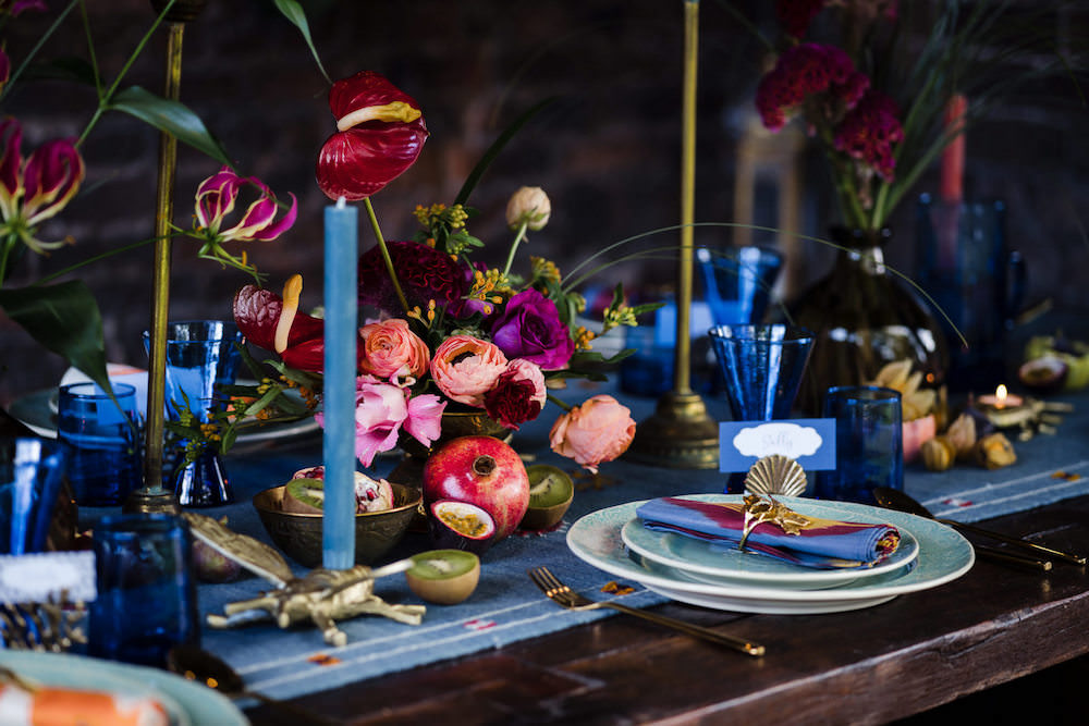 Table Tablescape Decor Candles Blue Runner Flowers Jewel Tone Wedding Ideas Laura May Photography