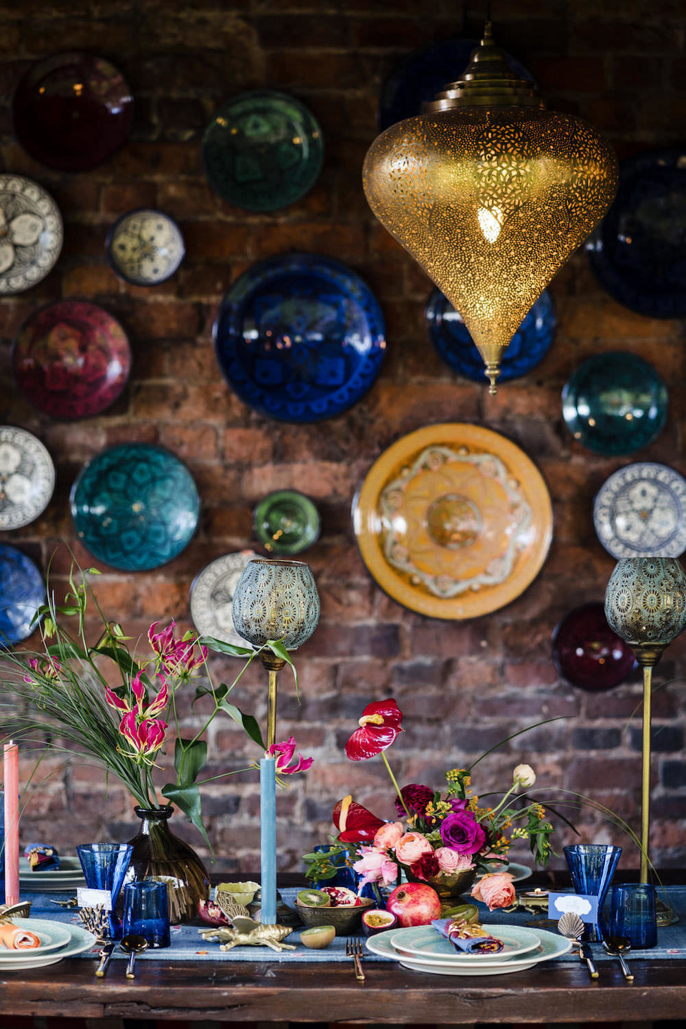 Table Tablescape Decor Candles Blue Runner Flowers Jewel Tone Wedding Ideas Laura May Photography