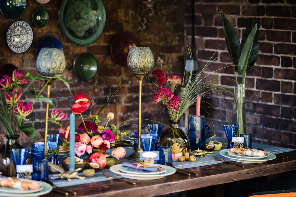 Table Tablescape Decor Candles Blue Runner Flowers Jewel Tone Wedding Ideas Laura May Photography