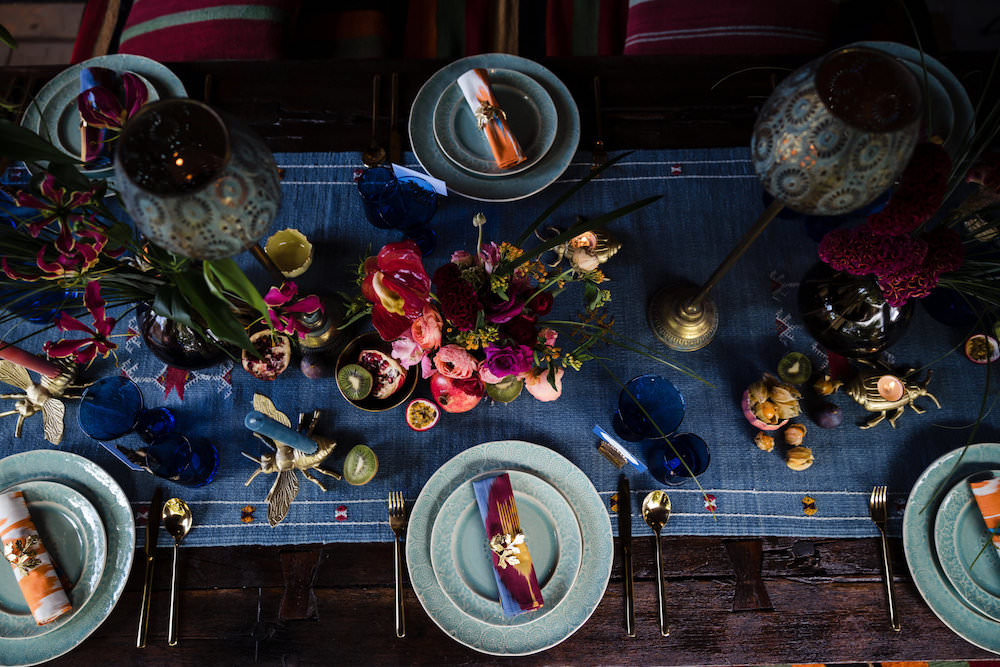 Table Tablescape Decor Candles Blue Runner Flowers Jewel Tone Wedding Ideas Laura May Photography