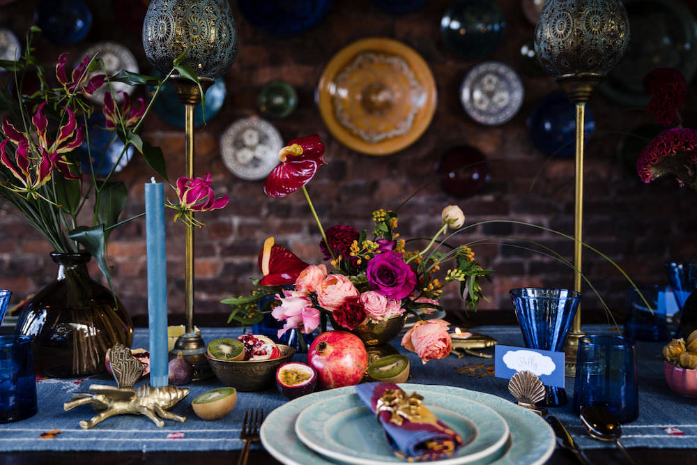 Table Tablescape Decor Candles Blue Runner Flowers Jewel Tone Wedding Ideas Laura May Photography