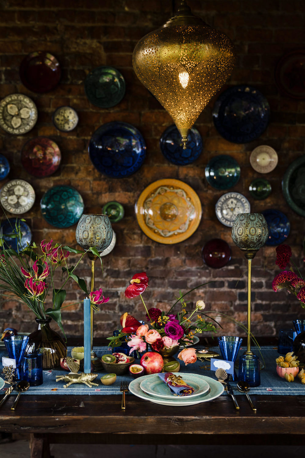 Table Tablescape Decor Candles Blue Runner Flowers Jewel Tone Wedding Ideas Laura May Photography